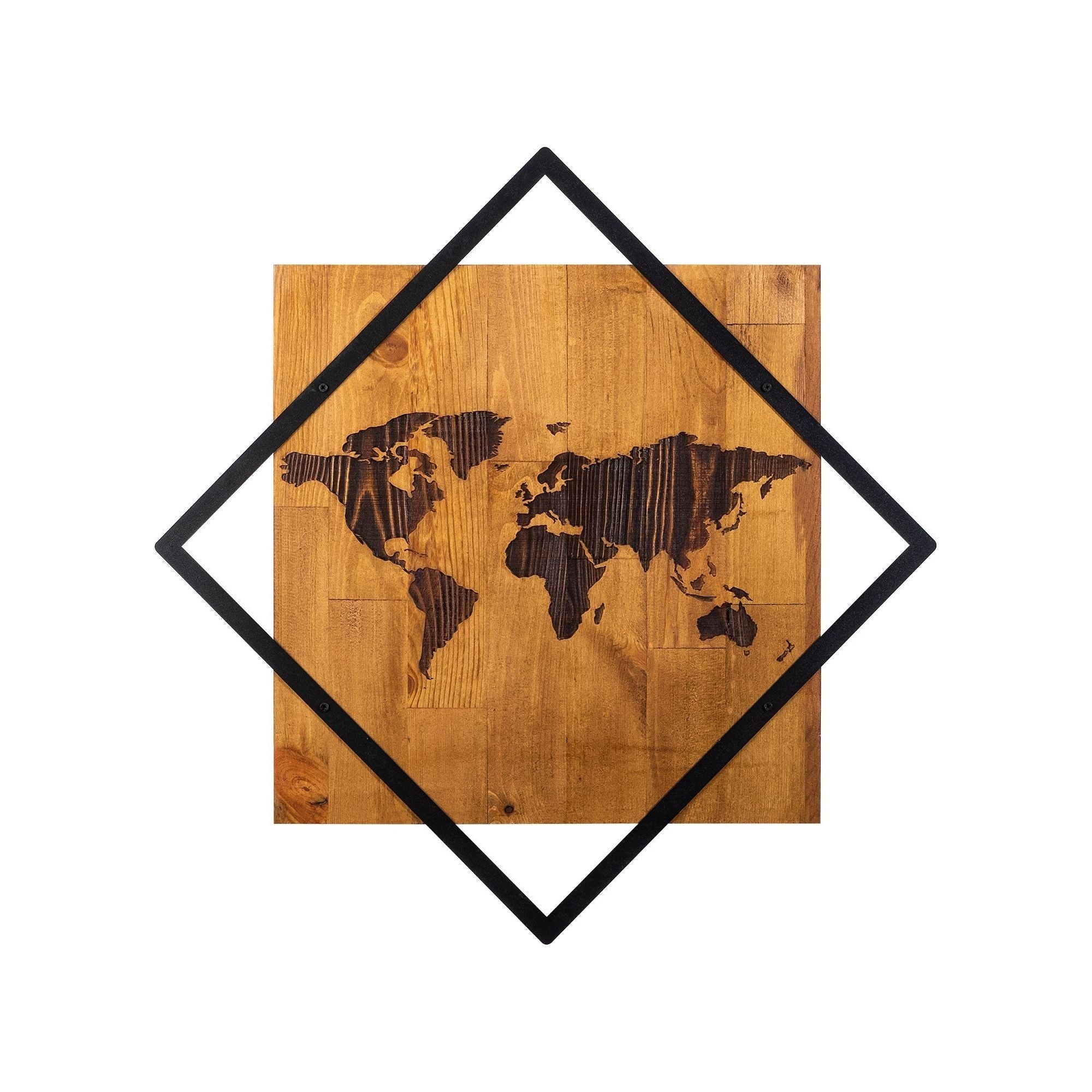 Decoratiune perete WORLD 2, stejar/negru, lemn/metal, 54x54 cm