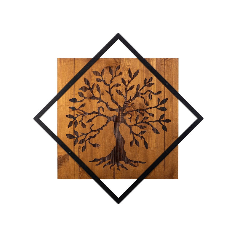 Decoratiune perete Tree, stejar/negru, lemn/metal, 54x54 cm