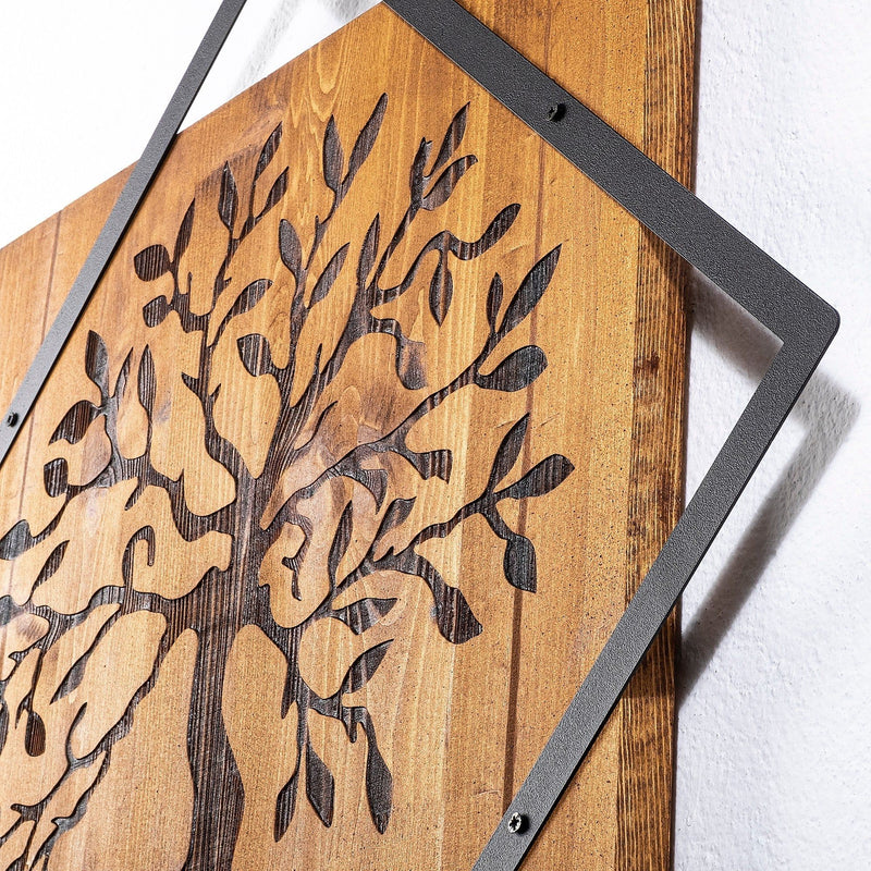 Decoratiune perete Tree, stejar/negru, lemn/metal, 54x54 cm