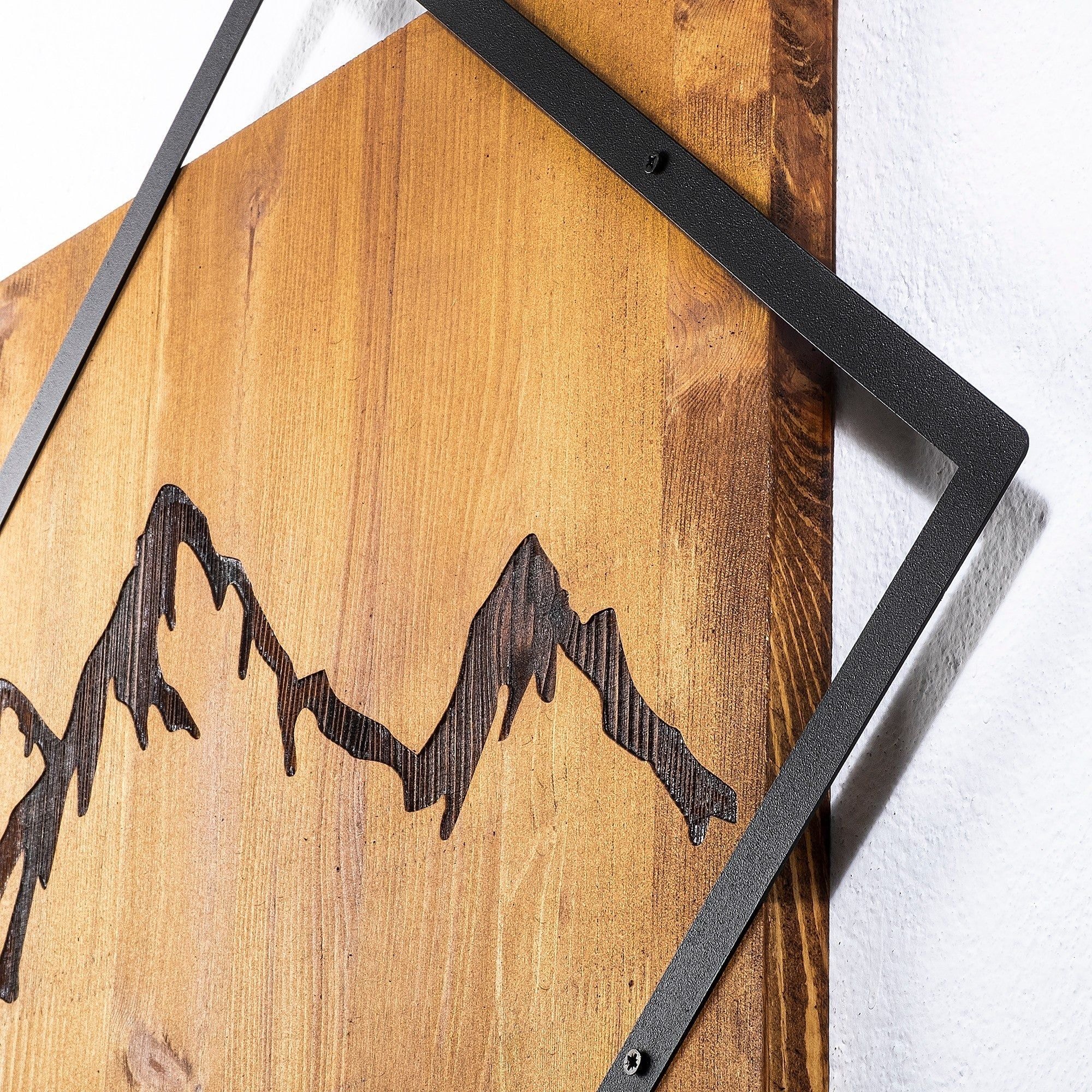 Decoratiune perete MOUNTAIN 2, stejar/negru, lemn/metal, 54x54 cm