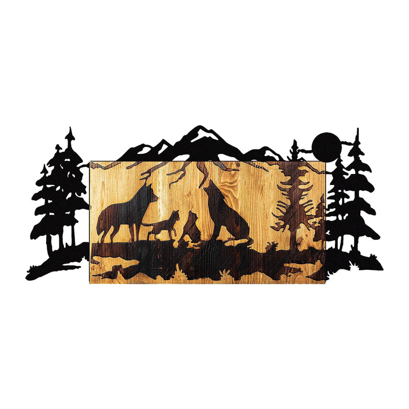 Decoratiune perete Wolves, stejar/negru, lemn/metal, 88x3x39 cm