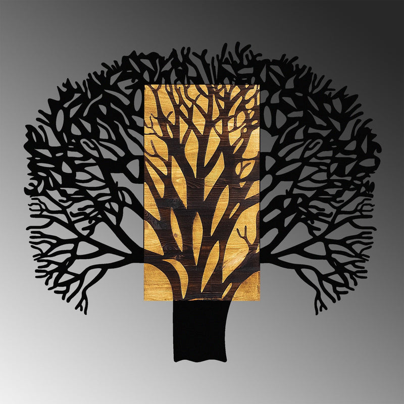 Decoratiune perete Tree 1, stejar/negru, lemn/metal, 93x3x86 cm