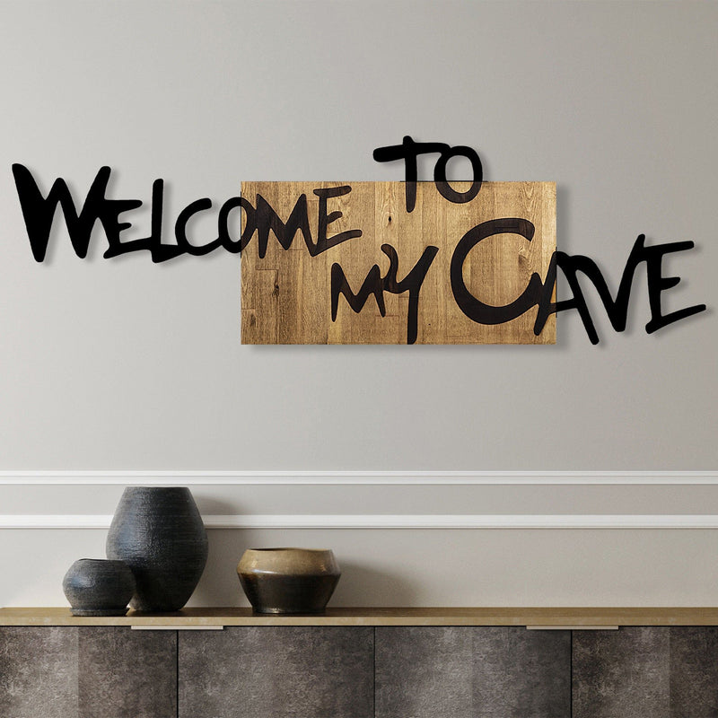 Decoratiune perete Welcome To My Cave, stejar/negru, lemn/metal, 128x3x39 cm