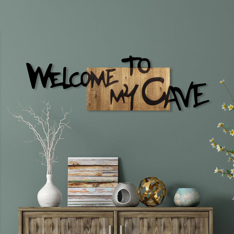 Decoratiune perete Welcome To My Cave, stejar/negru, lemn/metal, 128x3x39 cm