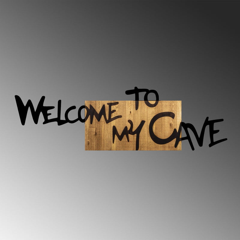 Decoratiune perete Welcome To My Cave, stejar/negru, lemn/metal, 128x3x39 cm