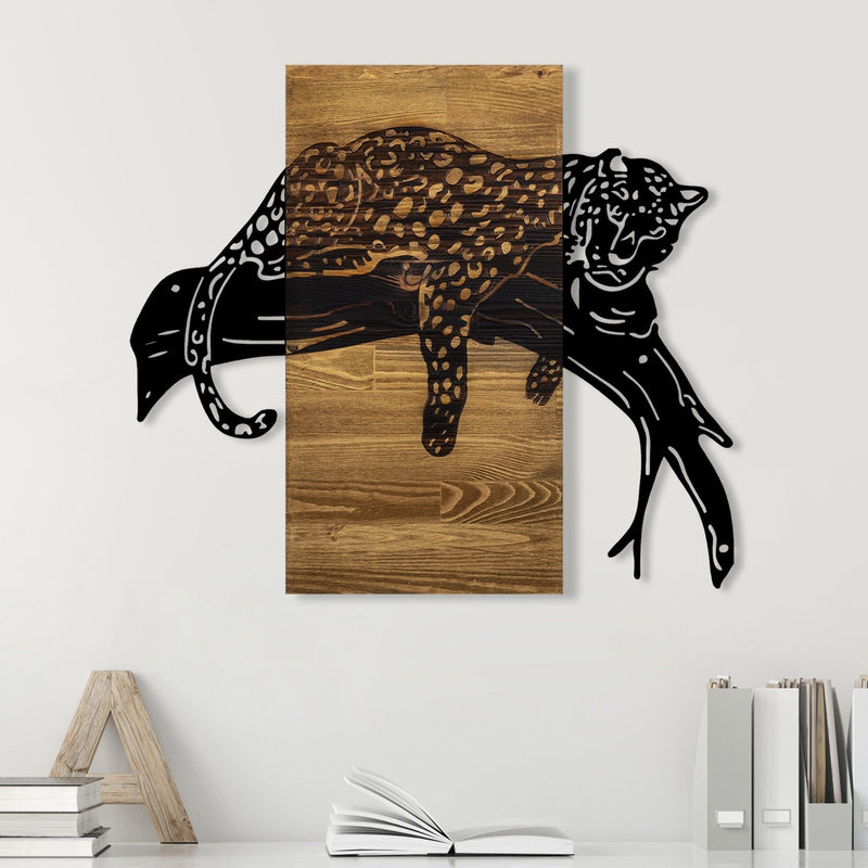 Decoratiune perete LEOPARD, nuc/negru, lemn/metal, 66x3x58 cm