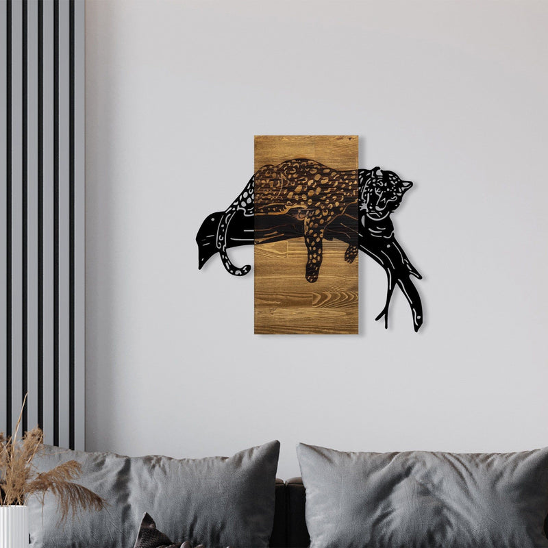 Decoratiune perete LEOPARD, nuc/negru, lemn/metal, 66x3x58 cm