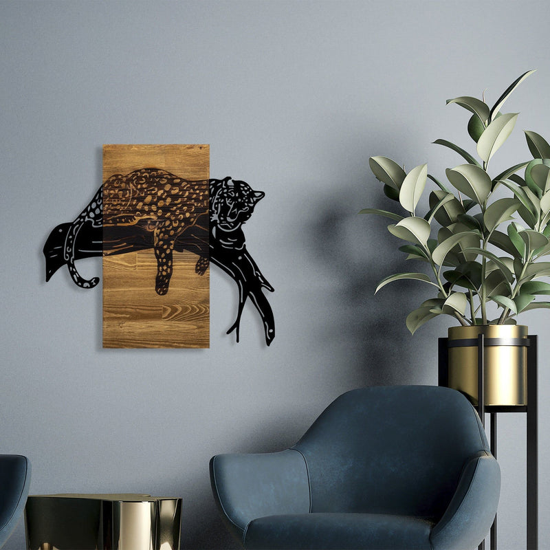 Decoratiune perete LEOPARD, nuc/negru, lemn/metal, 66x3x58 cm