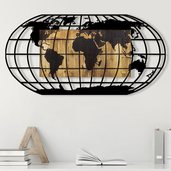 Accesoriu decorativ World Map 2, negru/nuc, metal, 102x50x3 cm