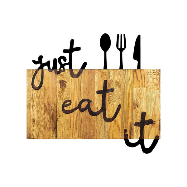 Decoratiune perete JUST EAT IT, lemn/metal, stejar/negru, 58x3x52 cm