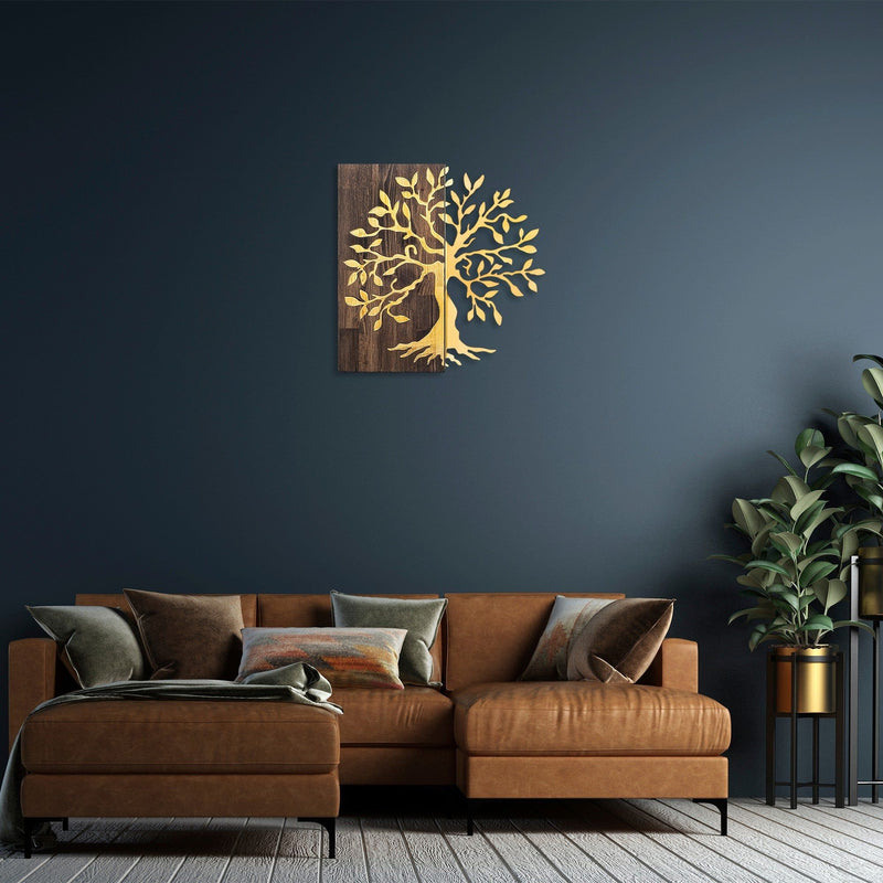 Accesoriu decorativ de perete Tree, nuc/auriu, lemn/metal, model copac, 58x58 cm
