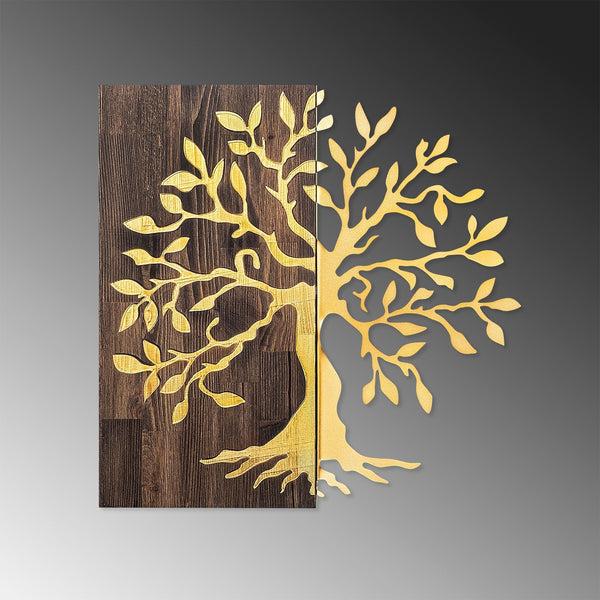 Decoratiune perete TREE, nuc/auriu, lemn/metal, 58x58 cm