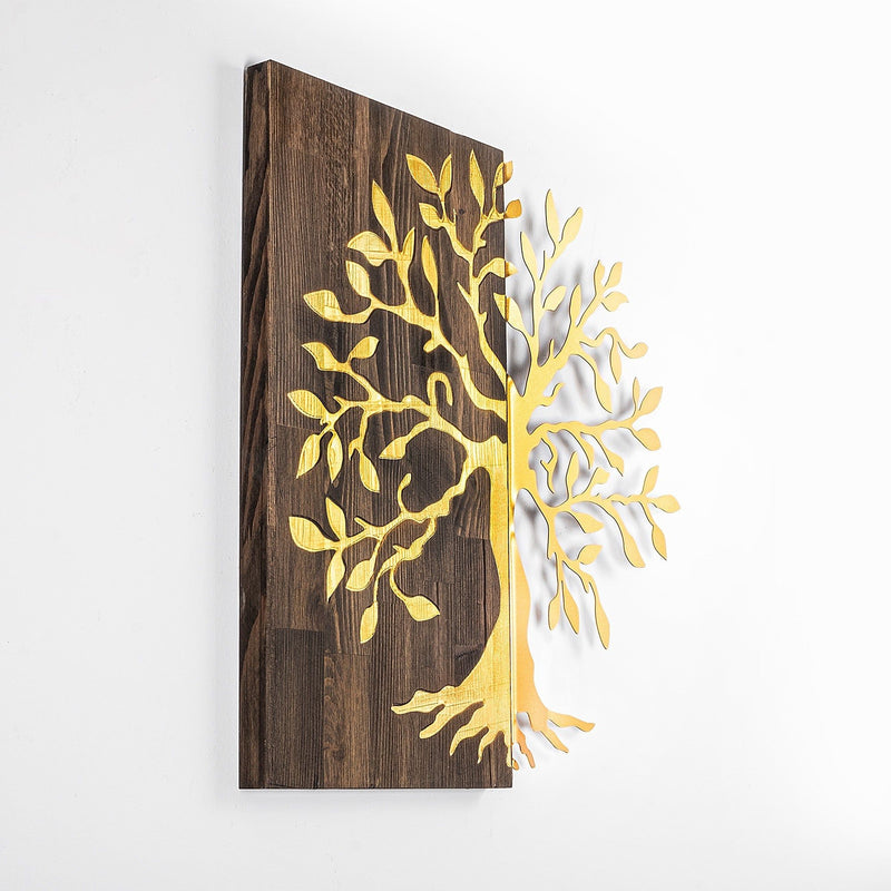 Accesoriu decorativ de perete Tree, nuc/auriu, lemn/metal, model copac, 58x58 cm