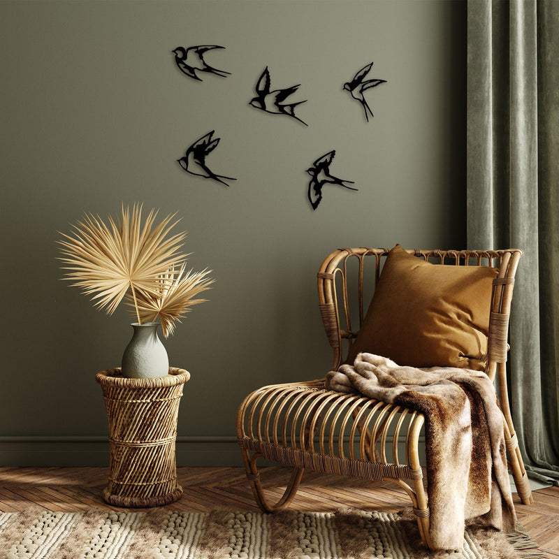 Set 5 piese accesorii decorative de perete Swallows - 303, negru, metal, pasari