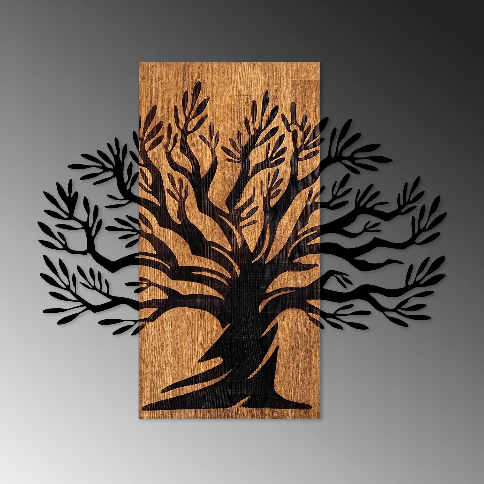 Decoratiune perete 899SKL2409, stejar/negru, lemn/metal, 67x58 cm