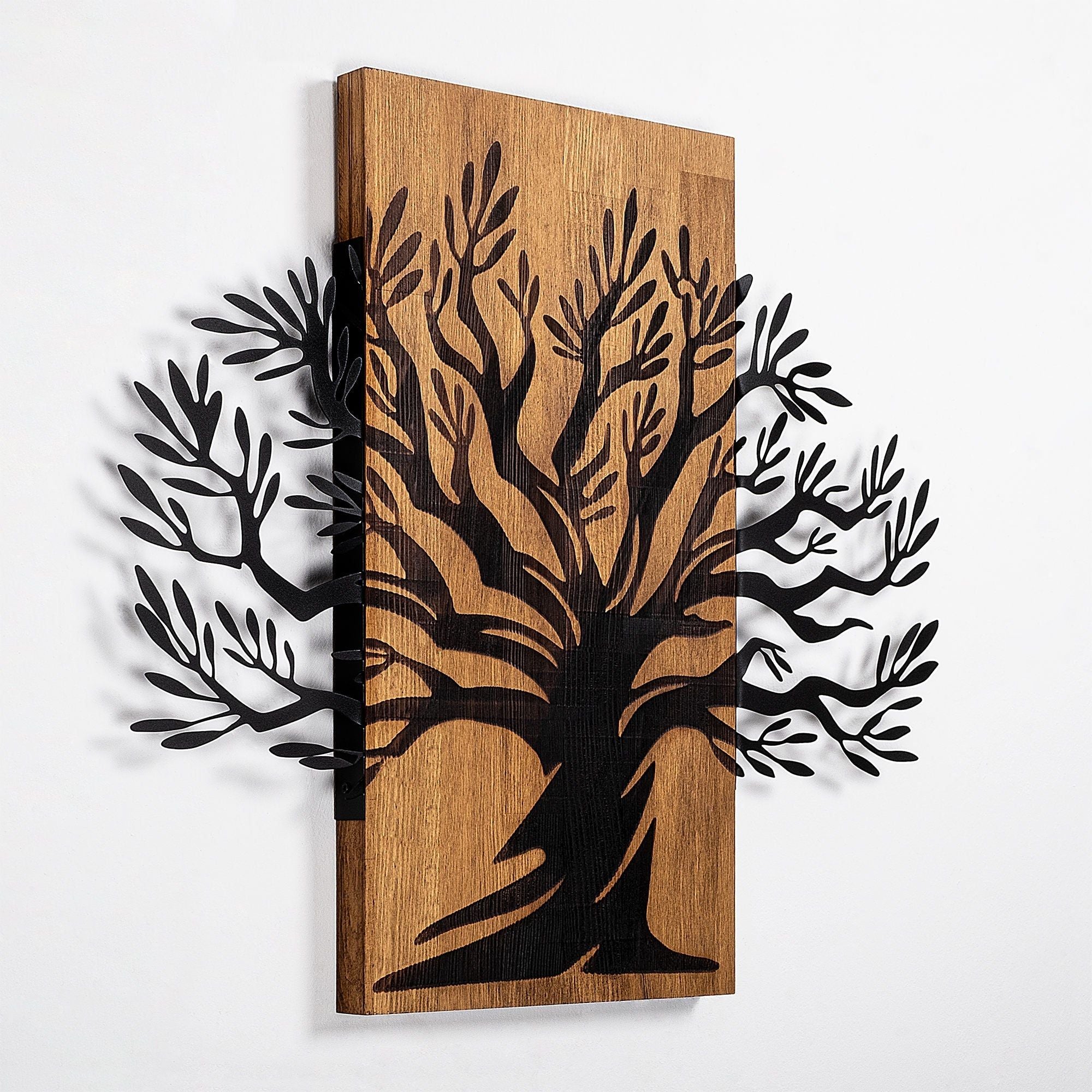 Decoratiune perete 899SKL2409, stejar/negru, lemn/metal, 67x58 cm