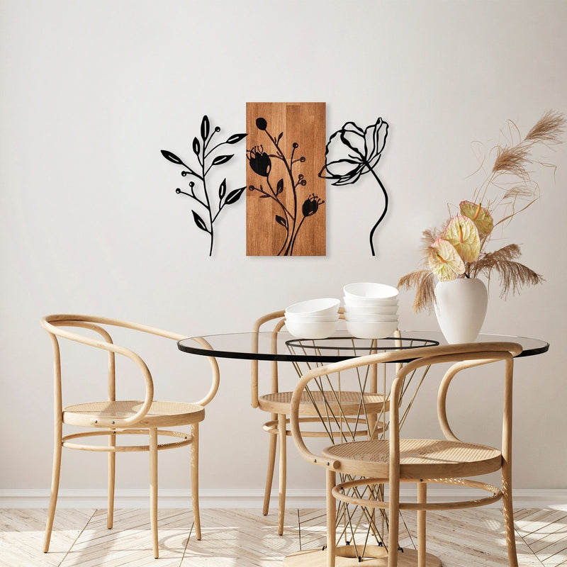 Decoratiune perete Triple Flowers, lemn/metal, 86x58 cm