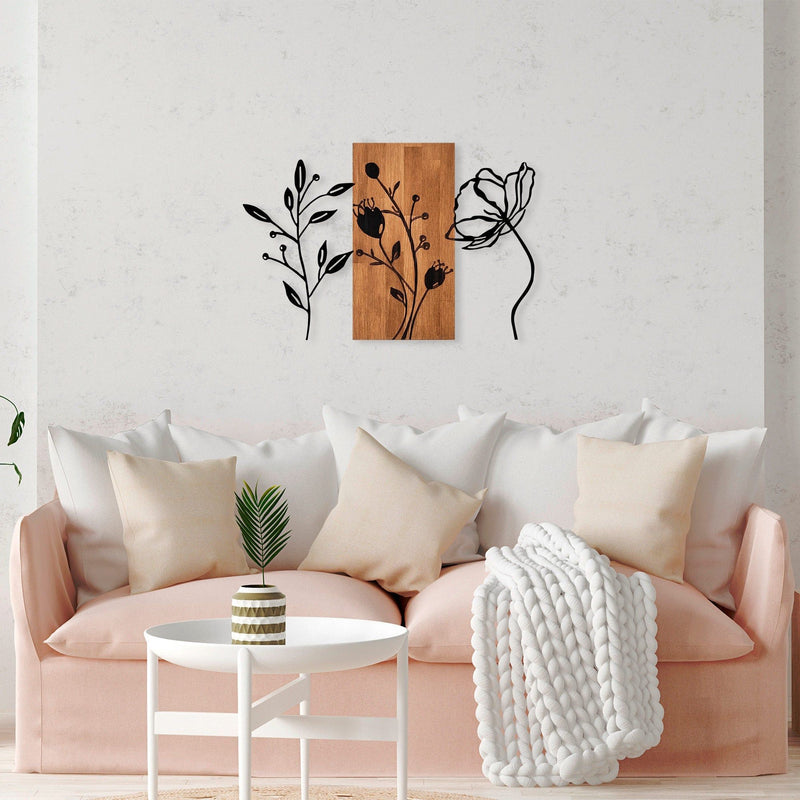 Decoratiune perete Triple Flowers, lemn/metal, 86x58 cm