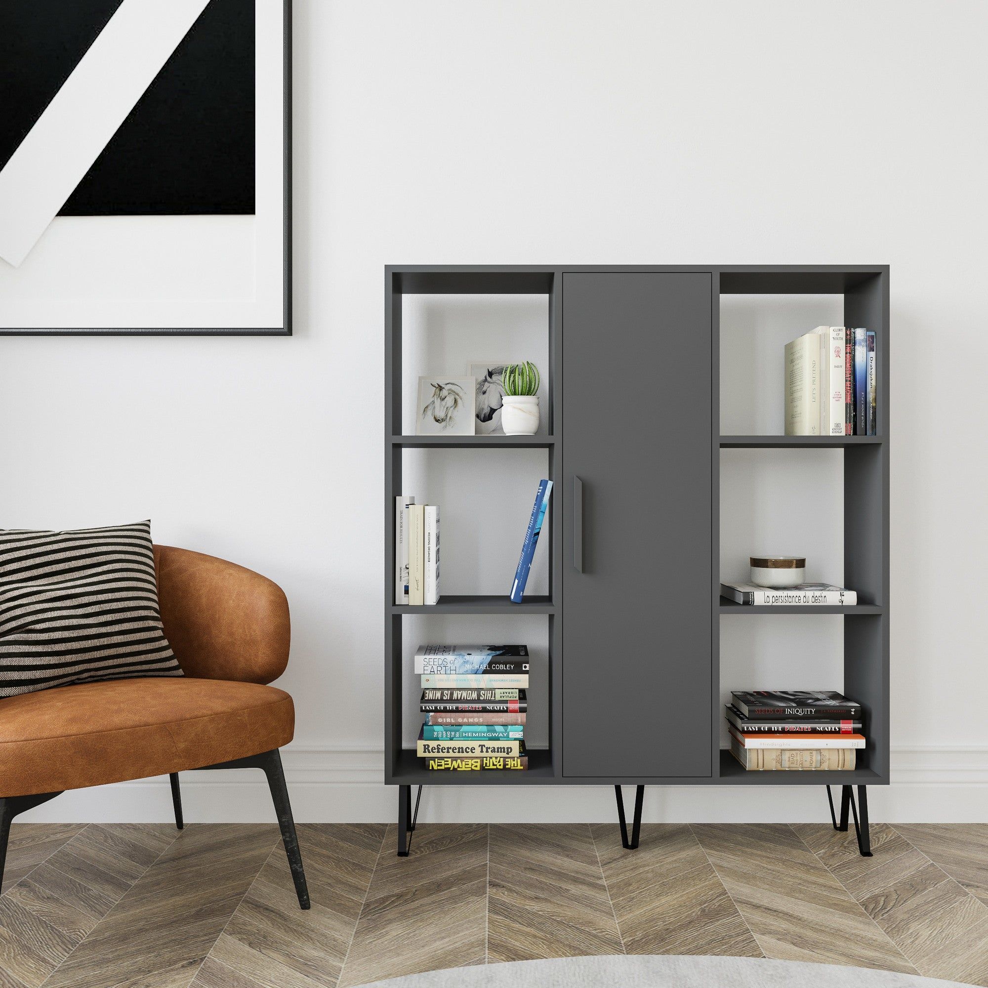Biblioteca PEORIA, gri antracit, PAL melaminat, 120x25x142 cm