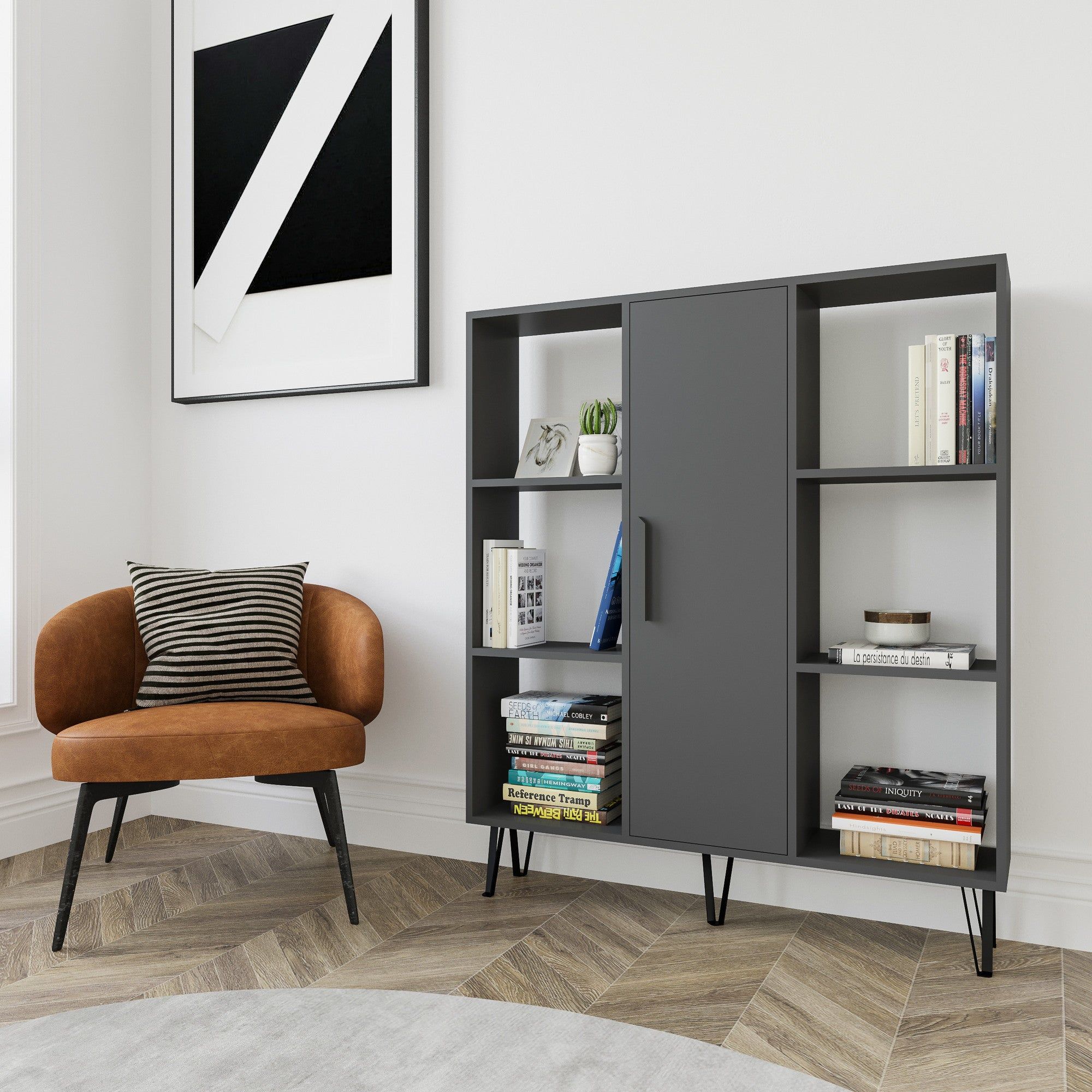 Biblioteca PEORIA, gri antracit, PAL melaminat, 120x25x142 cm