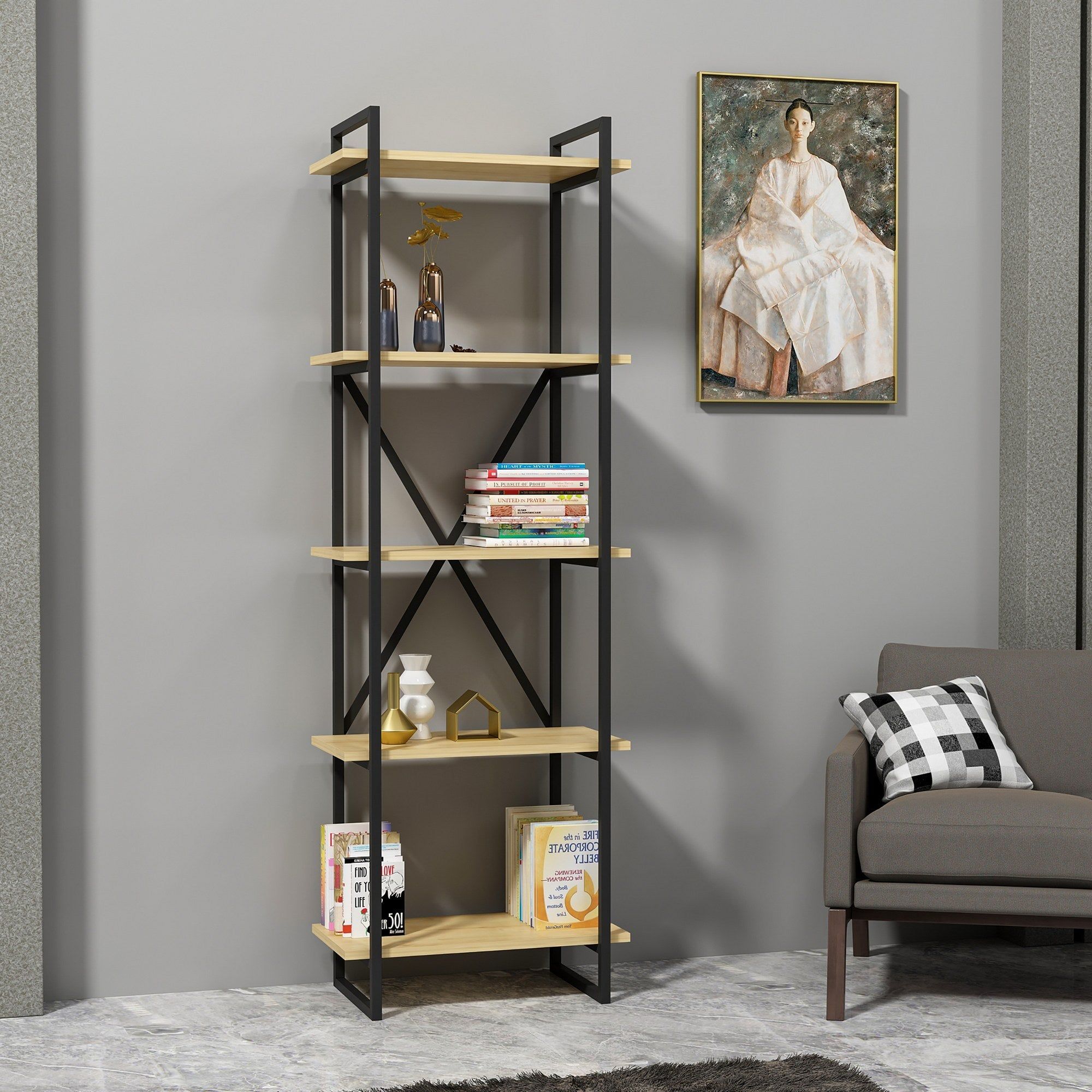 Etajera ELSTON 600, stejar/negru, PAL melaminat/metal, 60x34x180 cm