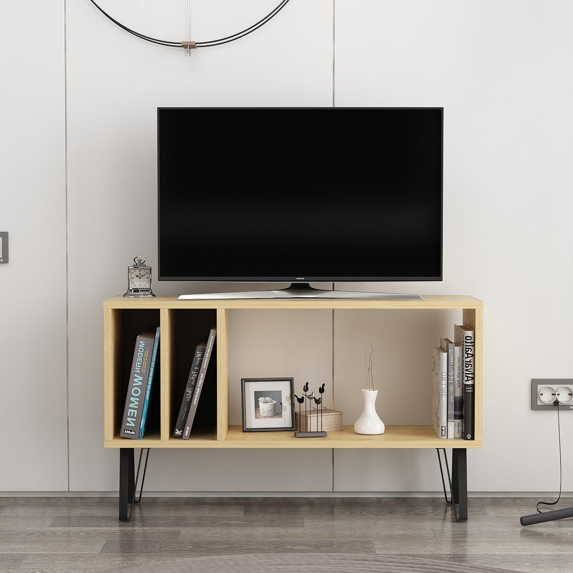Comoda TV ARVEN, stejar/negru, PAL melaminat, 90x25x53 cm