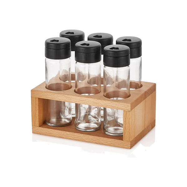 Set 6 recipiente pentru condimente UP00535, transparent/negru, sticla, cu suport, 105 ml