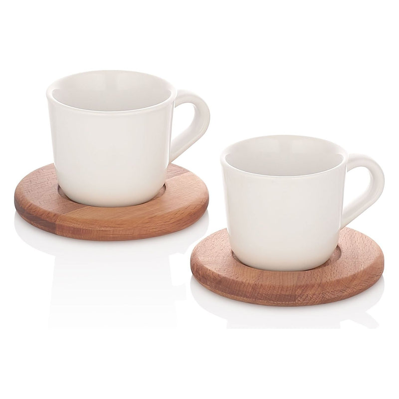 Set 2 cesti cu 2 farfurii de cafea UP00717, alb/stejar, ceramica/lemn, 6x6 cm