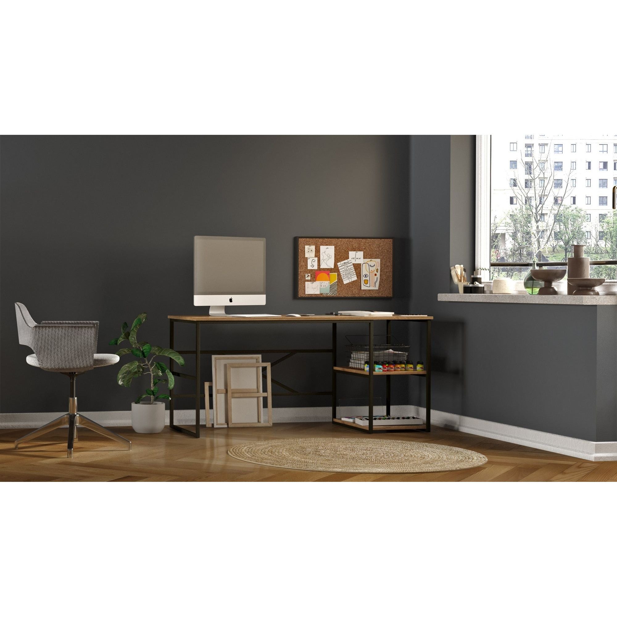 Birou VG28-A, stejar/negru, PAL melaminat/metal, 160x60x75 cm