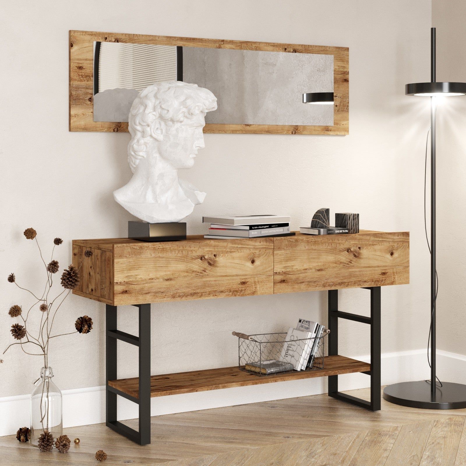 Set consola cu oglinda ML24-A, stejar/negru, PAL melaminat/metal