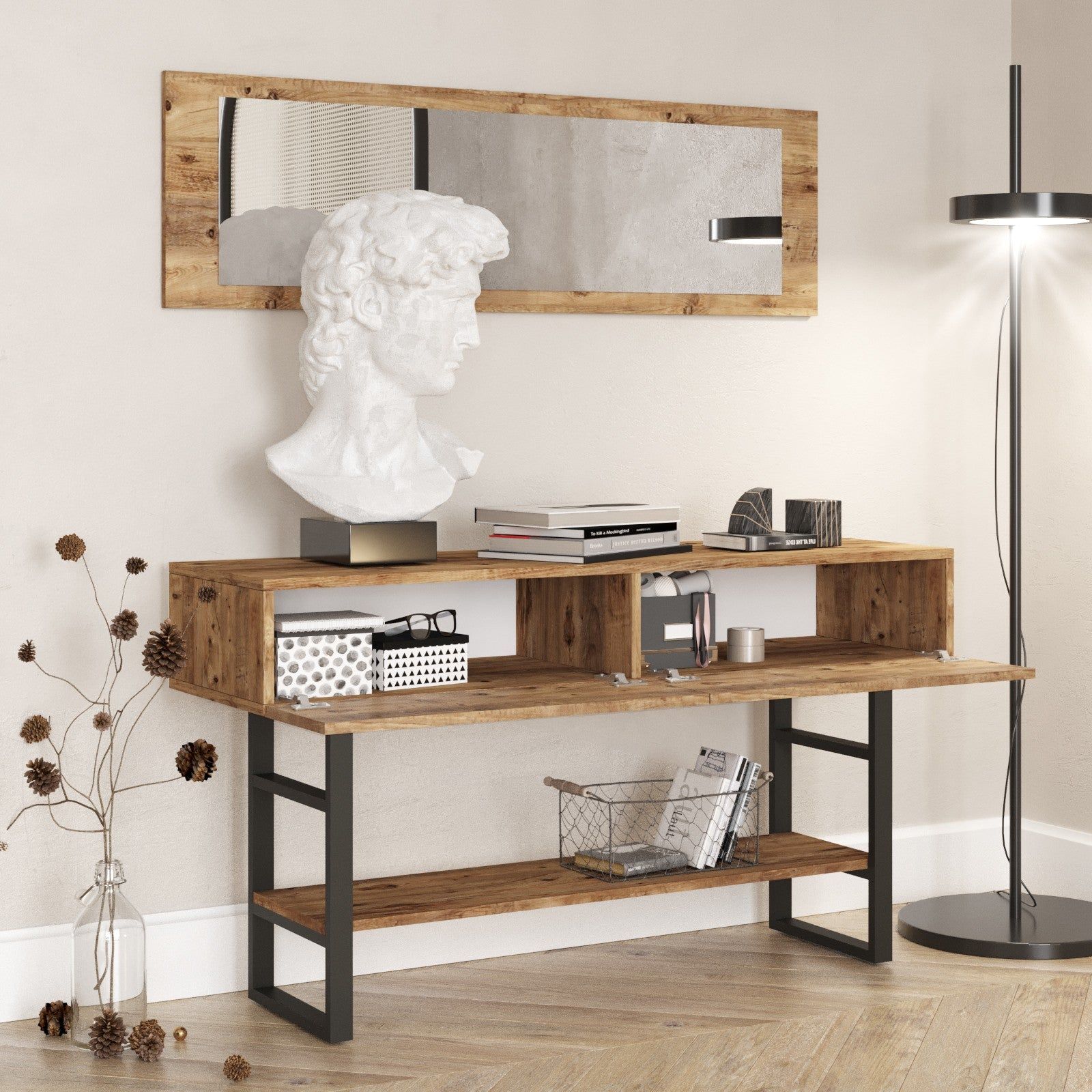 Set consola cu oglinda ML24-A, stejar/negru, PAL melaminat/metal