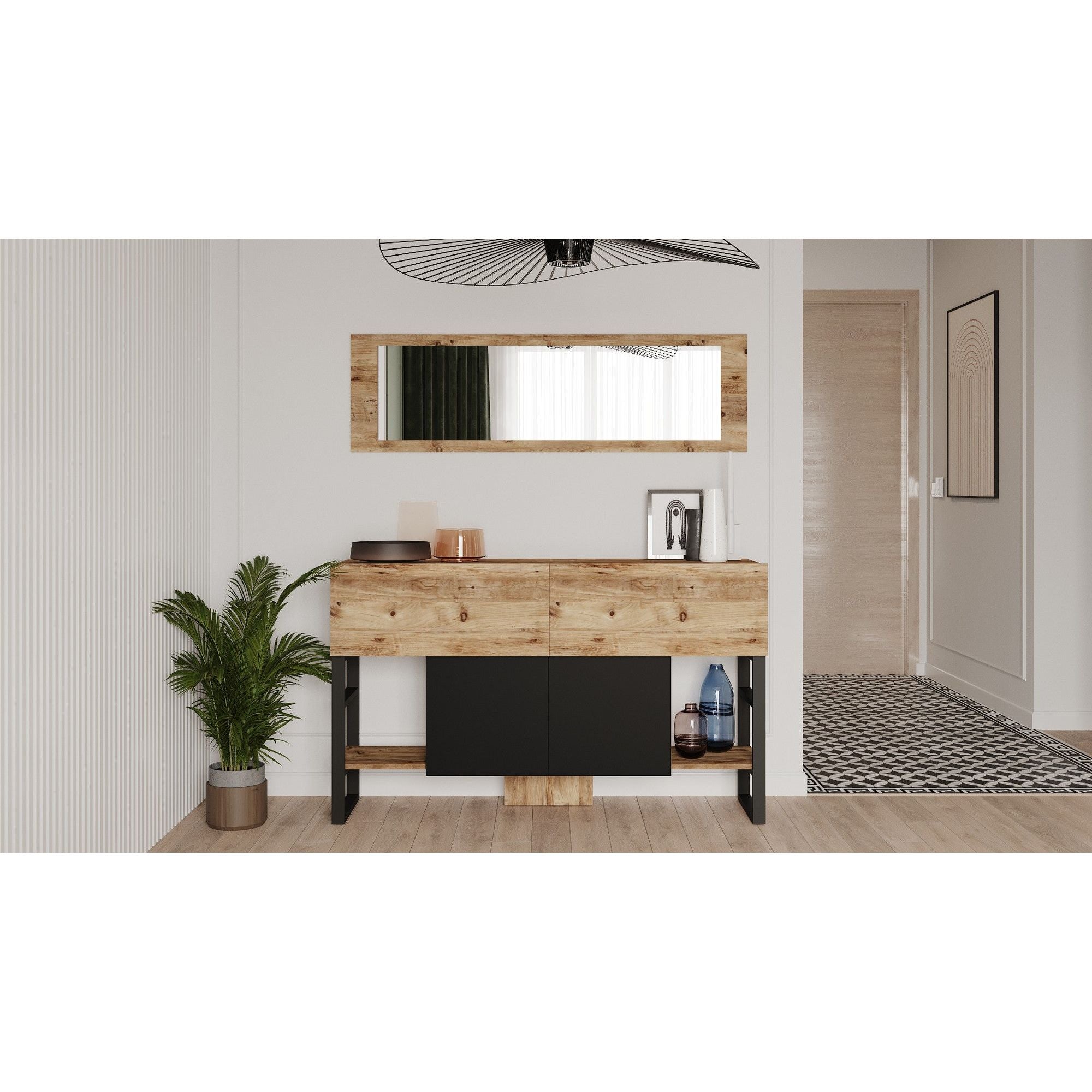 Set consola cu oglinda ML26-A, stejar/negru, PAL melaminat/metal