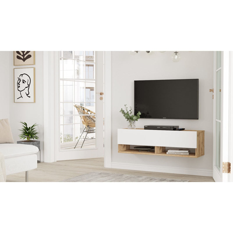 Comoda TV FR13-AW, alb/stejar, PAL melaminat, 100x29x32 cm