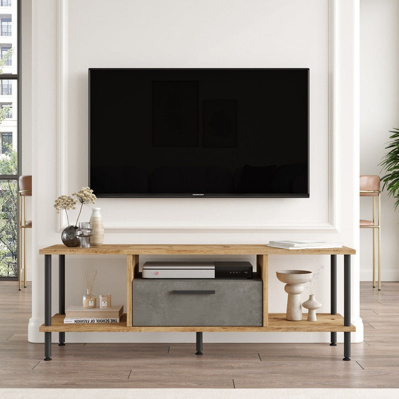 Comoda TV NB1-AG, stejar/gri, PAL/metal, 120x29.5x41 cm