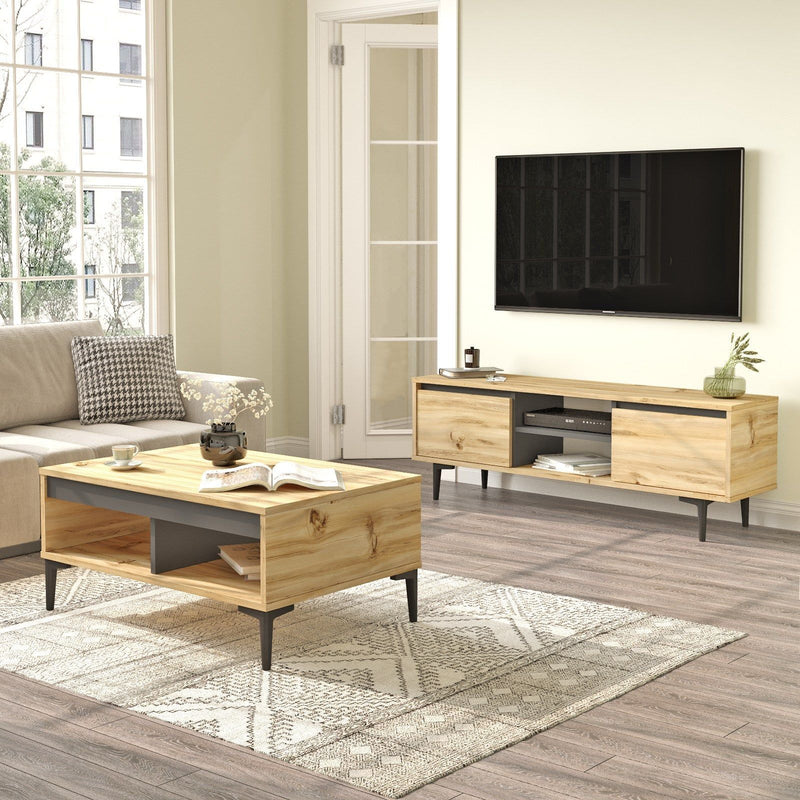 Set comoda TV si masuta cafea AR12-KA, 100% PAL melaminat, stejar/antracit, 140x48x36 cm
