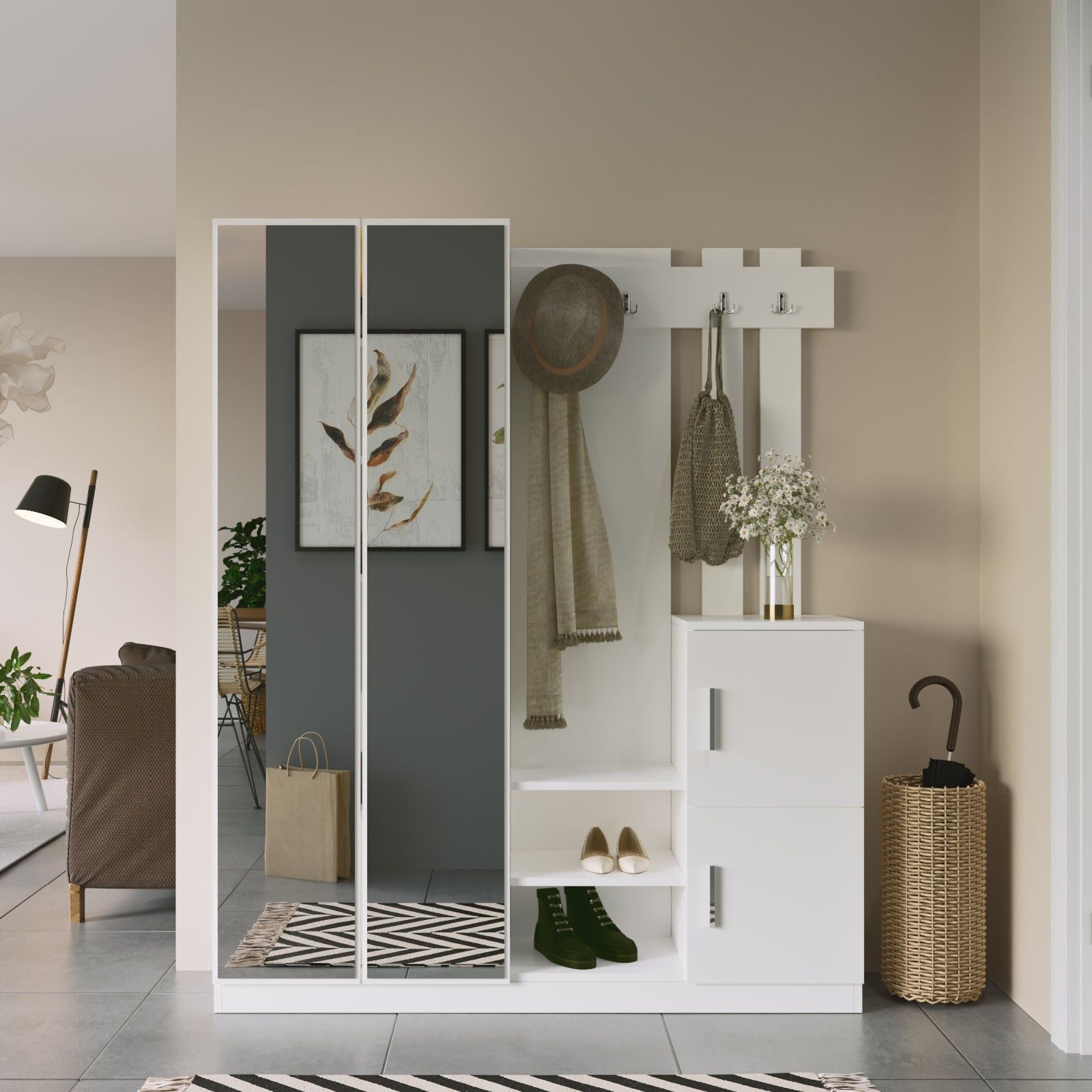 Mobilier hol DD8-W, alb, PAL melaminat, 147x38x180 cm