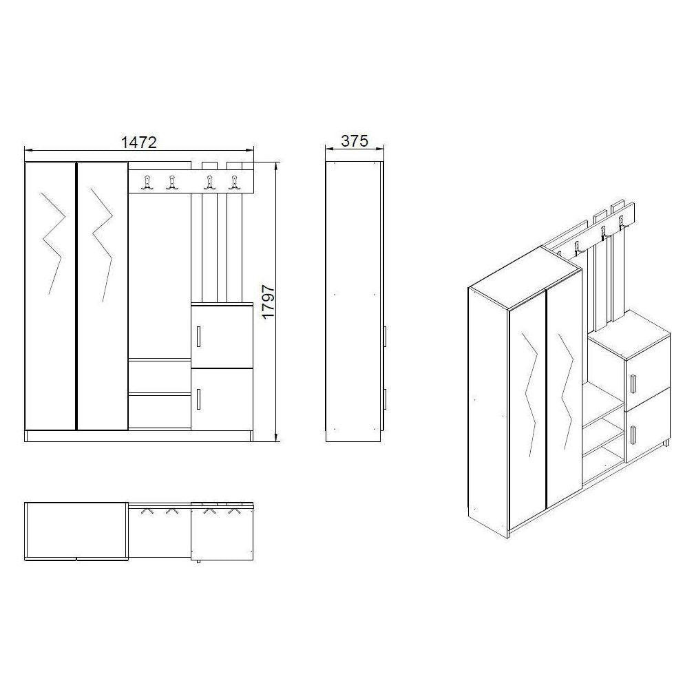 Mobilier hol DD8-W, alb, PAL melaminat, 147x38x180 cm