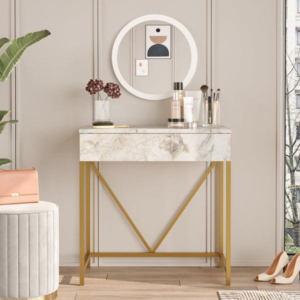 Masa toaleta cu oglinda VG33-GE, alb/auriu, PAL melaminat/metal, 72x40x75 cm