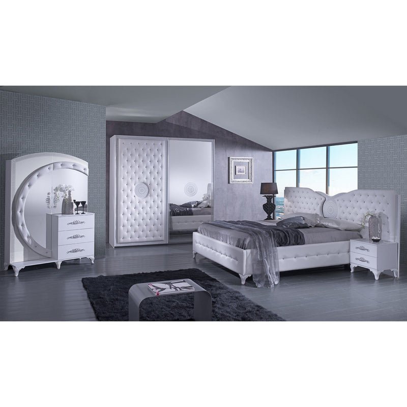 Set dormitor ANTALIA, alb/argintiu, pat 160x200 cm cu somiera fixa, dulap cu 2 usi culisante, 2 noptiere, comoda