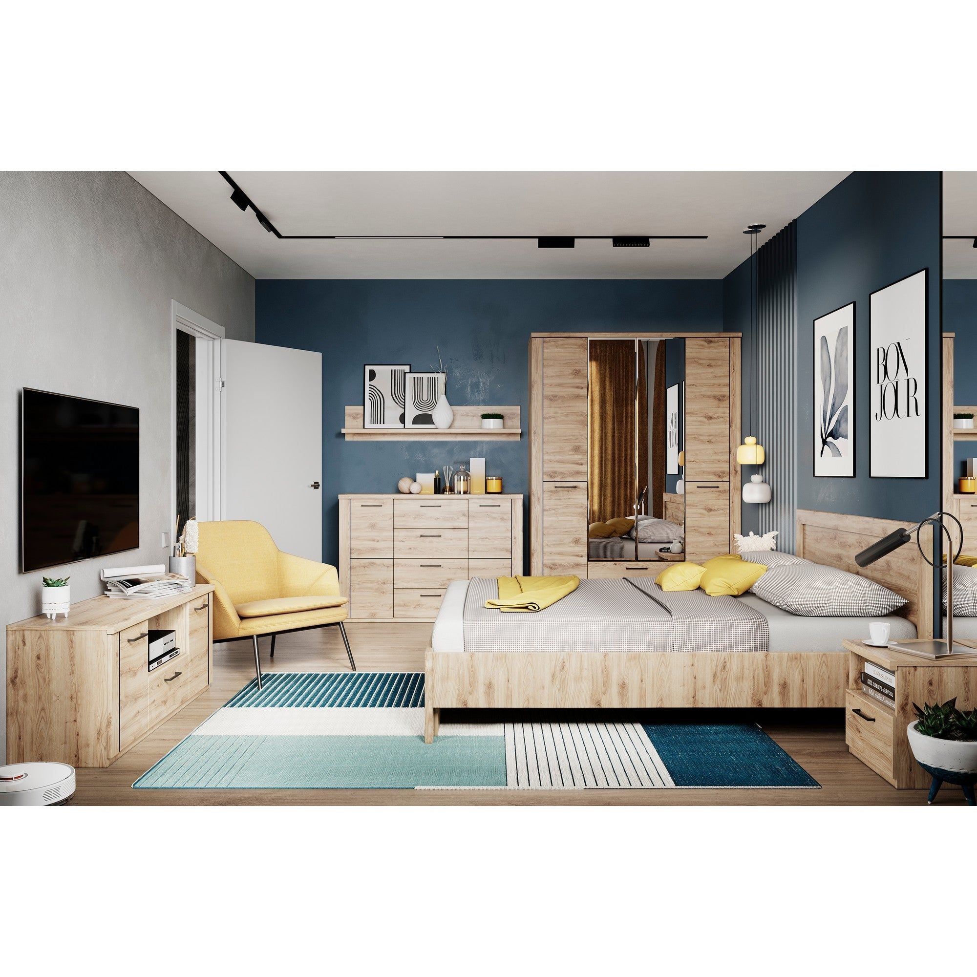Dulap DOORSET, stejar navarra, PAL laminat, cu 4 usi si 2 sertare, 150x61x211 cm
