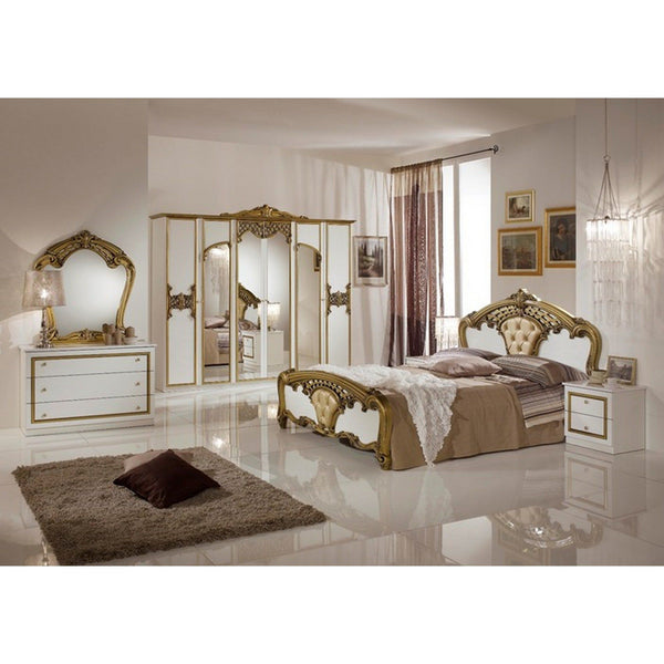 Set dormitor EVA, alb/auriu, pat 160x200 cm cu somiera fixa, dulap cu 6 usi, 2 noptiere, comoda si oglinda
