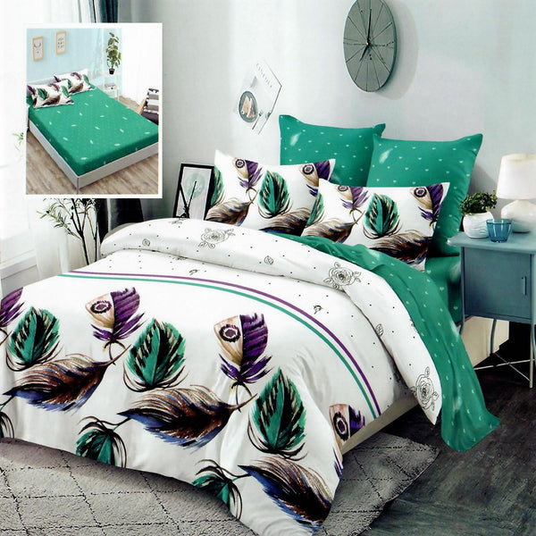 Set lenjerie pat finet HF6P129, material textil, alb/verde, 160-180x200 cm, cu husa pat, cearceaf pilota si 4 fete de perna