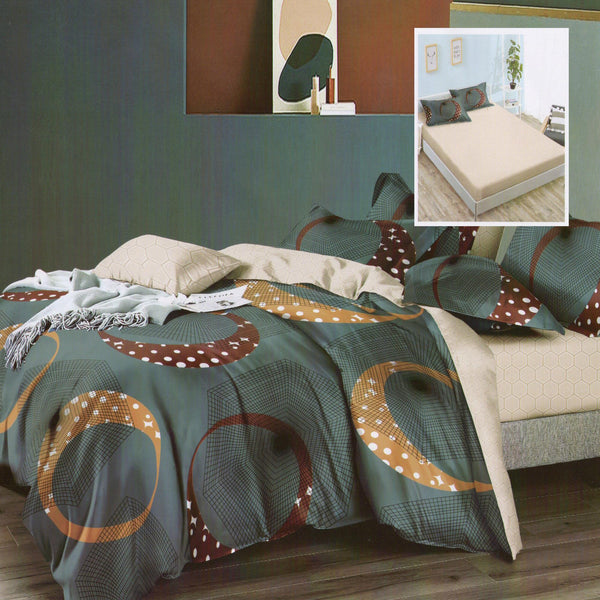 Set lenjerie pat finet HF6P92, material textil, verde/crem, 160-180x200 cm, cu husa pat, cearceaf pilota si 4 fete de perna