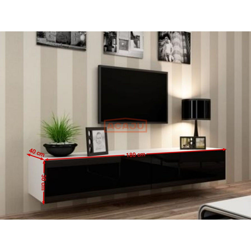 Comoda TV cu 2 usi suspendata Vigo, alb/negru lucios, 180x40x30 cm