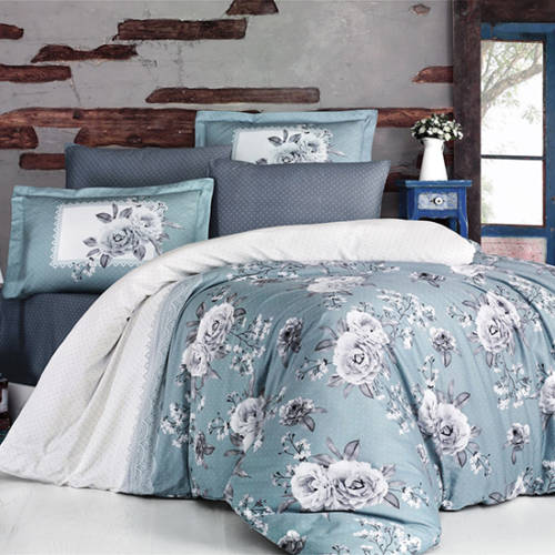 Set lenjerie pat king size KENZO V2, bumbac, alb/albastru, 240x260 cm, cu cearceaf pat, cearceaf pilota si 2 fete de perna