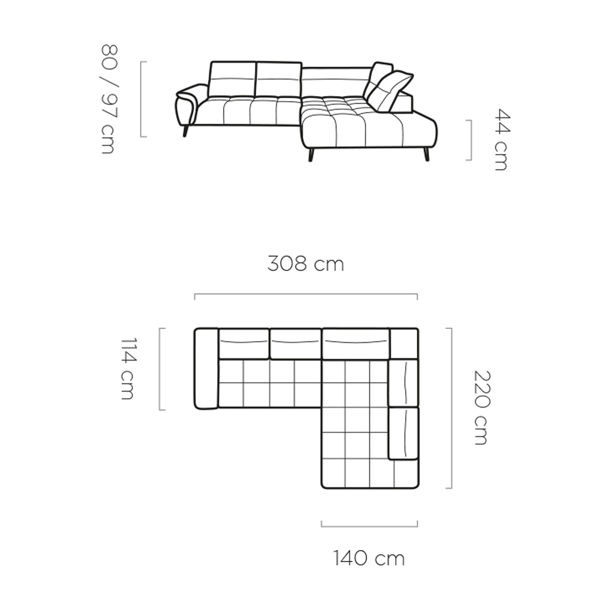 Coltar MONTANA L, personalizabil materiale gama Premium, cu reglaj electric si tetiere reglabile, 308x220x97 cm