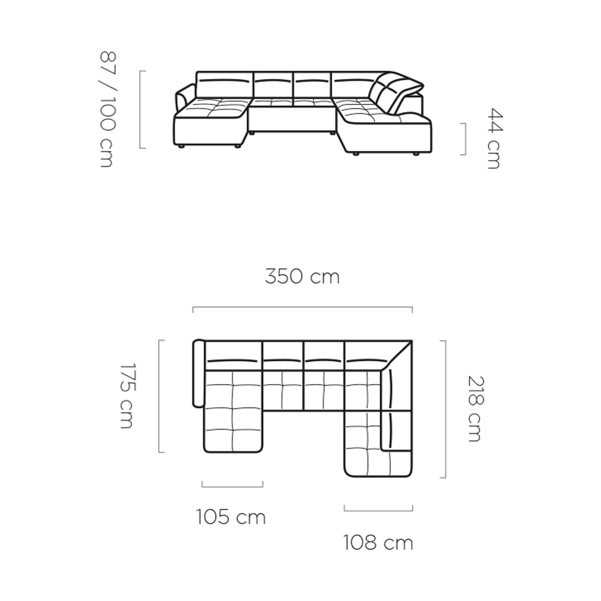 Coltar MURILLO XL, personalizabil materiale gama Oferta Avantaj, cu reglaj electric, tetiere reglabile si lada depozitare, 350x218x100 cm