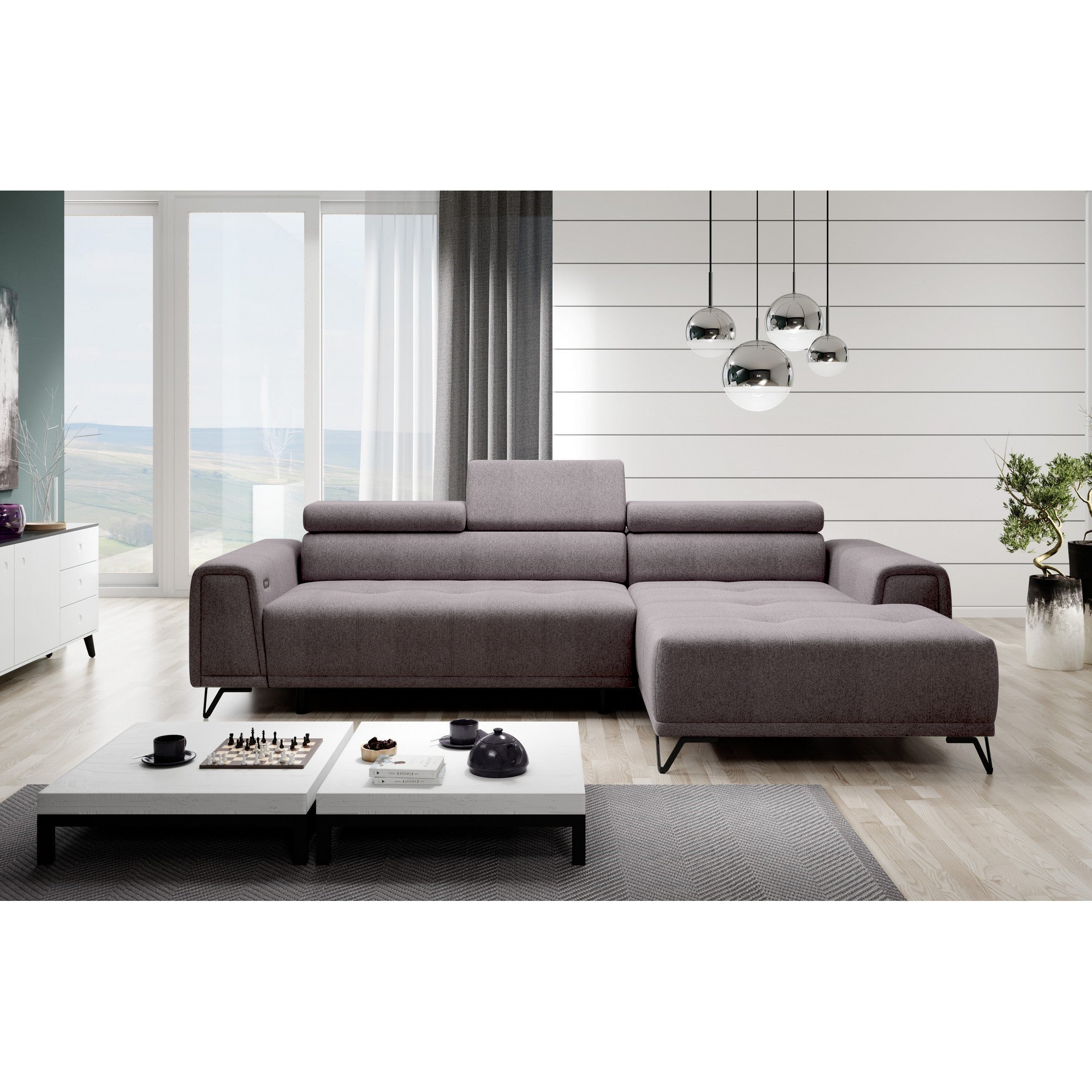 Coltar MARVIN MINI, sezlong dreapta, stofa catifelata gri deschis - Vogue 14, Gama Premium, cu reglaj electric si tetiere reglabile, 276x177x96 cm