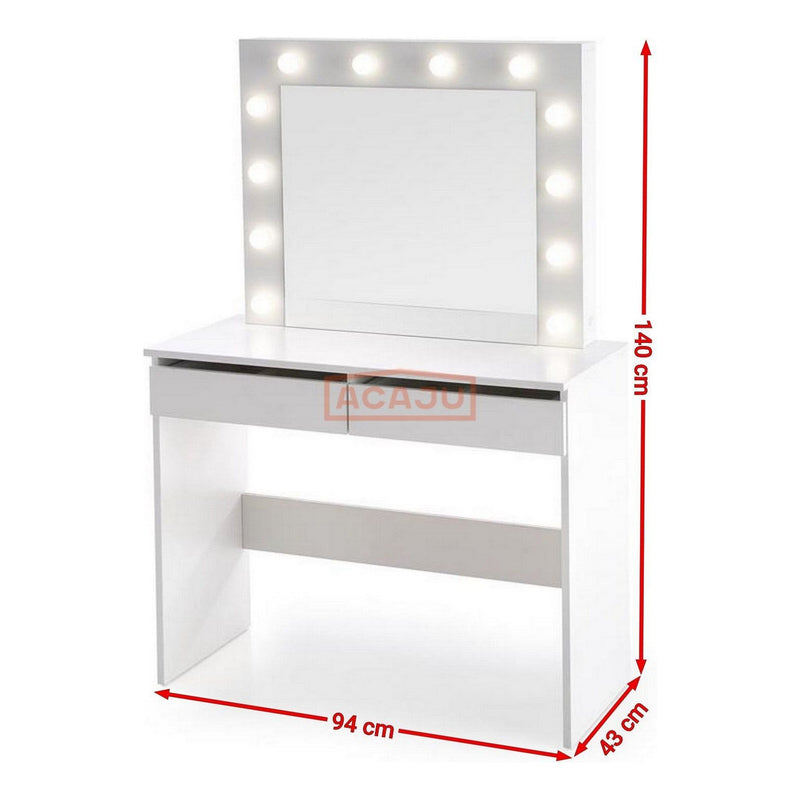 Masa de toaleta cu oglinda si iluminare led Hollywood, alb, 94x43x140 cm