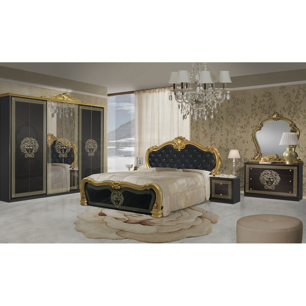 Set dormitor VILMA, negru/auriu, pat 160x200 cm cu somiera fixa, dulap, 2 noptiere, comoda cu oglinda